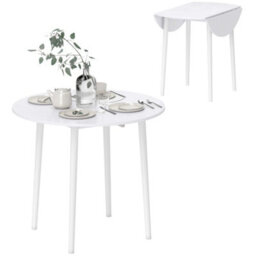Homcom Foldable Dining Table, Round Drop Leaf Table, Wood Legs, White - thumbnail 2