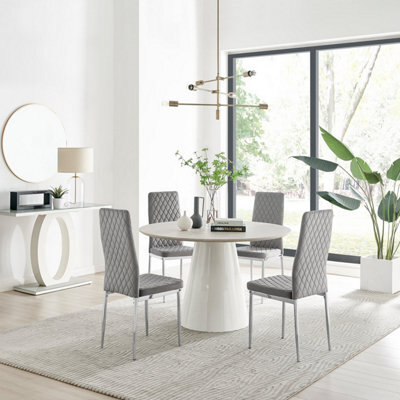 Furniturebox Palma Beige Stone Effect Round 4-6 Seater Pedestal Dining Table & 4 Grey Velvet Milan Silver Leg Chairs - image 1
