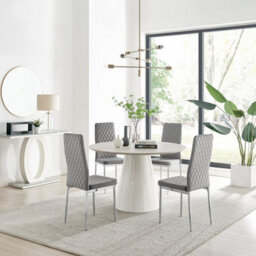 Furniturebox Palma Beige Stone Effect Round 4-6 Seater Pedestal Dining Table & 4 Grey Velvet Milan Silver Leg Chairs - thumbnail 1