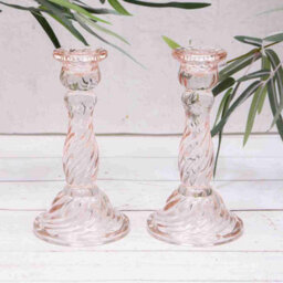 Annibells 2  Vintage Pink Twisted Glass Candlesticks (13327)
