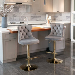HomeTouch Set Of 2 Velvet Swivel Bar Stools With Golden Base Adjustable Hight Counter Barstools