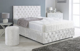 Adore Designs Chesterfield Crushed Velvet Divan Bed, Ortho Mattress, Footboard & Round Stool - 4Ft6 Double - White - 2 Drawers Left Side - thumbnail 1