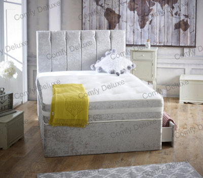 Comfy Deluxe 4Ft Small Double Silver Crushed Velvet Divan Bed With Florence 20Inch Headboard & Matching Mattress 2 Drawers Same Side
