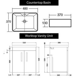 Royal Bathrooms Turin 500mm Wall Hung Vanity Unit 2 Door Grey Elm & Countertop Basin - Cube - thumbnail 6