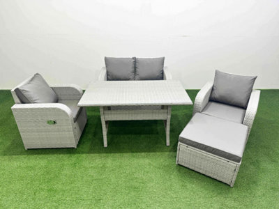 Fimous Light Grey Pe Wicker Rattan Garden Furniture Set Sofa Set Reclining Chair Rectangular Dining Table 5 Seater Footstool - image 1