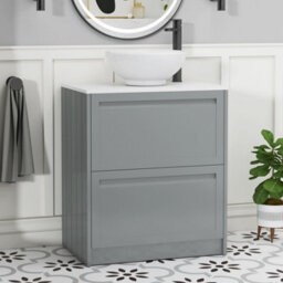 Royal Bathrooms Royal Bathroom Elmore 700mm Matt Pebble Grey Freestanding Bathroom Vanity Unit 2 Drawer Plain White Worktop With Breeze Basin - thumbnail 1