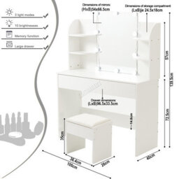 Westwood White Wood Vanity Makeup Dressing Table Set W/stool Ample Storage Mirror Led - thumbnail 8