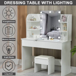 Westwood White Wood Vanity Makeup Dressing Table Set W/stool Ample Storage Mirror Led - thumbnail 6