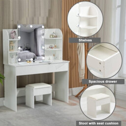 Westwood White Wood Vanity Makeup Dressing Table Set W/stool Ample Storage Mirror Led - thumbnail 7