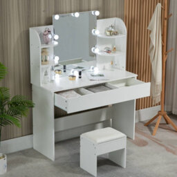 Westwood White Wood Vanity Makeup Dressing Table Set W/stool Ample Storage Mirror Led - thumbnail 2