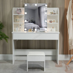 Westwood White Wood Vanity Makeup Dressing Table Set W/stool Ample Storage Mirror Led - thumbnail 3