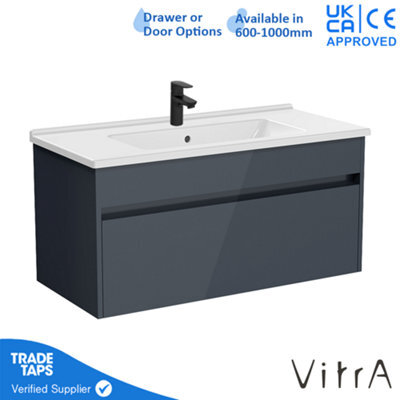 Vitra 1000mm Wall Hung Bathroom Vanity Unit With 1 Drawer & Basin - Anthracite Gloss Includes Black Tap - image 1
