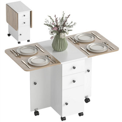 Oak And White Folding Dining Table With Drop Leaf For 4-6 Rolling Kitchen Table - image 1