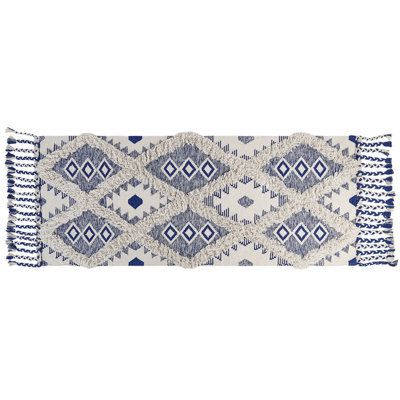 Beliani Handwoven Cotton Runner Rug 80 X 200 Cm Light Beige And Blue Geometric With Tassels - image 1
