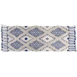 Beliani Handwoven Cotton Runner Rug 80 X 200 Cm Light Beige And Blue Geometric With Tassels - thumbnail 1