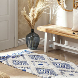 Beliani Handwoven Cotton Runner Rug 80 X 200 Cm Light Beige And Blue Geometric With Tassels - thumbnail 2