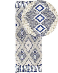 Beliani Handwoven Cotton Runner Rug 80 X 200 Cm Light Beige And Blue Geometric With Tassels - thumbnail 3