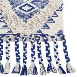 Beliani Handwoven Cotton Runner Rug 80 X 200 Cm Light Beige And Blue Geometric With Tassels - thumbnail 5