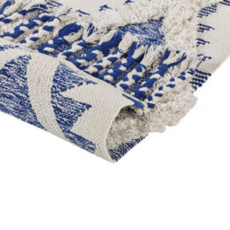 Beliani Handwoven Cotton Runner Rug 80 X 200 Cm Light Beige And Blue Geometric With Tassels - thumbnail 7
