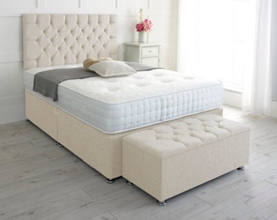 Adore Designs Chesterfield Chenille Divan Bed, With Pocket Mattress & Ottoman Storage Box - 5Ft Kingsize - Cream - 2 Drawers Same Side