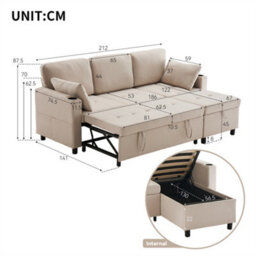 Abrihome Sofa Bed, L-Shaped Corner Sofa, 3 Seater Pull Out Sofa With Storage, Convertible Settee Sofa For Living Room, Office, Beige - thumbnail 3