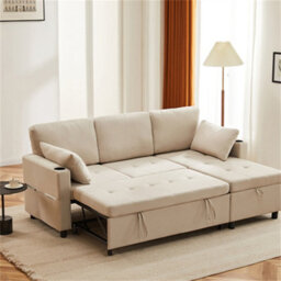 Abrihome Sofa Bed, L-Shaped Corner Sofa, 3 Seater Pull Out Sofa With Storage, Convertible Settee Sofa For Living Room, Office, Beige - thumbnail 2
