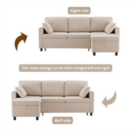Abrihome Sofa Bed, L-Shaped Corner Sofa, 3 Seater Pull Out Sofa With Storage, Convertible Settee Sofa For Living Room, Office, Beige - thumbnail 4