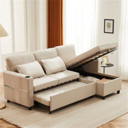 Abrihome Sofa Bed, L-Shaped Corner Sofa, 3 Seater Pull Out Sofa With Storage, Convertible Settee Sofa For Living Room, Office, Beige - thumbnail 9