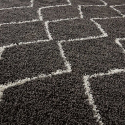 The Rugs Moroccan Shaggy Rugs And Runners Soft Fluffy Wavy Trellis Design High Pile Dark Grey And Ivory Living Room Kitchen Hallway 840 - thumbnail 3