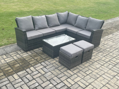 Fimous Wicker Pe Outdoor Garden Furniture Set High Back Rattan Corner Sofa Set With Coffee Table 2 Small Footstools - image 1