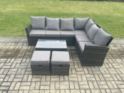 Fimous Wicker Pe Outdoor Garden Furniture Set High Back Rattan Corner Sofa Set With Coffee Table 2 Small Footstools - thumbnail 2