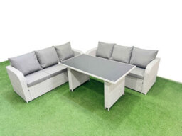 Fimous 6 Seater Rattan Outdoor Dining Table 3 Seater Sofa Set Light Grey - thumbnail 2