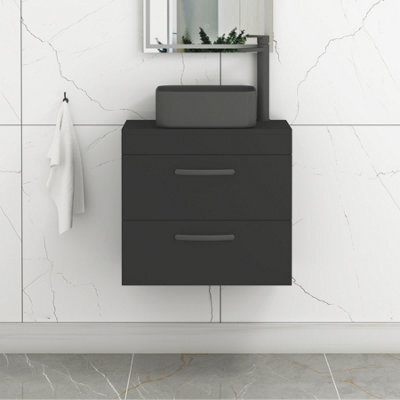 Royal Bathrooms Turin 600mm Wall Mounted Bathroom Vanity Unit With Sink 2 Drawer Matt Black & Art Square Countertop Basin - image 1