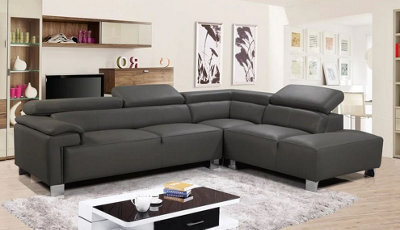 Genuine Leather Mid Grey Right Hand Facing Corner Sofa - image 1