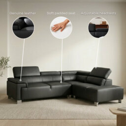 Genuine Leather Mid Grey Right Hand Facing Corner Sofa - thumbnail 5