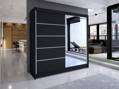 Sliding Wardrobe Talin Iii 180Cm Black Artisan Oak Finish With Mirror Black & Led - image 1