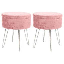 Harbour Housewares 2X Velvet Storage Footstools - Round Modern Dressing Table Footstool Vanity Seat Chair - 45 X 36Cm Pink/silver