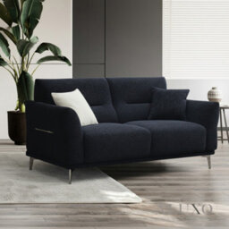 Aluxo Albany Modern 2 Seater Sofa Black Lux Fabric Boucle Soft Couch Gold Trim