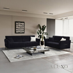 Aluxo Albany Modern 2 Seater Sofa Black Lux Fabric Boucle Soft Couch Gold Trim - thumbnail 7