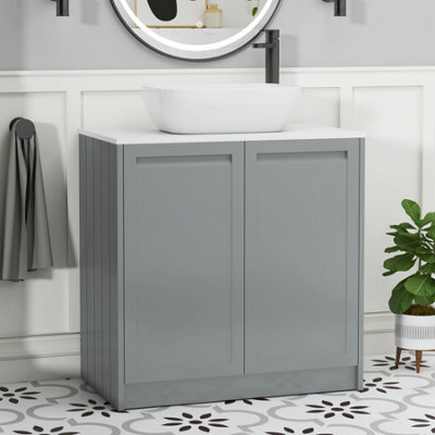 Royal Bathrooms Royal Bathroom Elmore 800mm Matt Pebble Grey Freestanding Bathroom Vanity Unit 2 Door Plain White Worktop With Elva Basin - image 1