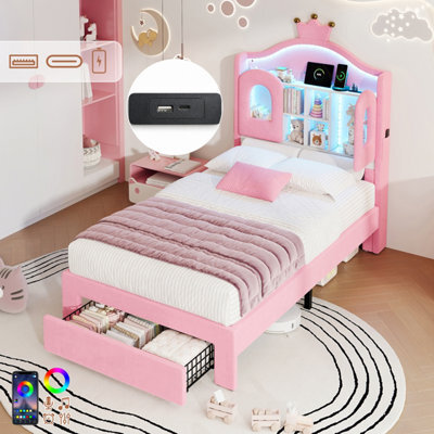 Matteo 3Ft Single Led Velvet Upholstered Bed Frame With Storage Drawer, Crown Headboard & Usb Charging - Pink - image 1