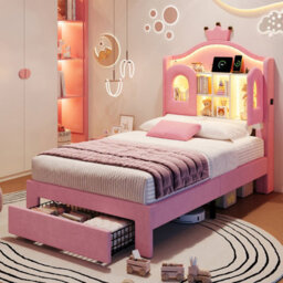 Matteo 3Ft Single Led Velvet Upholstered Bed Frame With Storage Drawer, Crown Headboard & Usb Charging - Pink - thumbnail 2