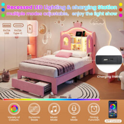 Matteo 3Ft Single Led Velvet Upholstered Bed Frame With Storage Drawer, Crown Headboard & Usb Charging - Pink - thumbnail 7