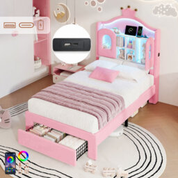 Matteo 3Ft Single Led Velvet Upholstered Bed Frame With Storage Drawer, Crown Headboard & Usb Charging - Pink - thumbnail 1