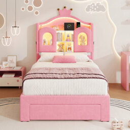 Matteo 3Ft Single Led Velvet Upholstered Bed Frame With Storage Drawer, Crown Headboard & Usb Charging - Pink - thumbnail 5