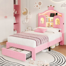 Matteo 3Ft Single Led Velvet Upholstered Bed Frame With Storage Drawer, Crown Headboard & Usb Charging - Pink - thumbnail 4
