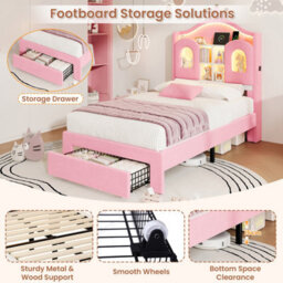 Matteo 3Ft Single Led Velvet Upholstered Bed Frame With Storage Drawer, Crown Headboard & Usb Charging - Pink - thumbnail 9