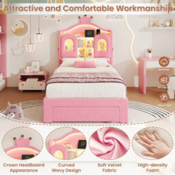 Matteo 3Ft Single Led Velvet Upholstered Bed Frame With Storage Drawer, Crown Headboard & Usb Charging - Pink - thumbnail 8