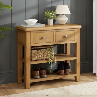 The Furniture Market Cotswold Rustic Smoked Oak Hall Table, Solid Oak Frame, Two Drawers With Dovetail Joints, Two Lower Shelves For Storage - image 1