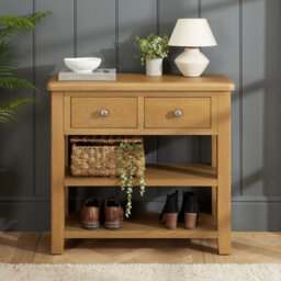 The Furniture Market Cotswold Rustic Smoked Oak Hall Table, Solid Oak Frame, Two Drawers With Dovetail Joints, Two Lower Shelves For Storage - thumbnail 3